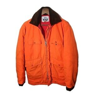 Vtg Woolrich Blaze Orange Hunting Jacket Men’s M Corduroy Collar Usa Made Stains